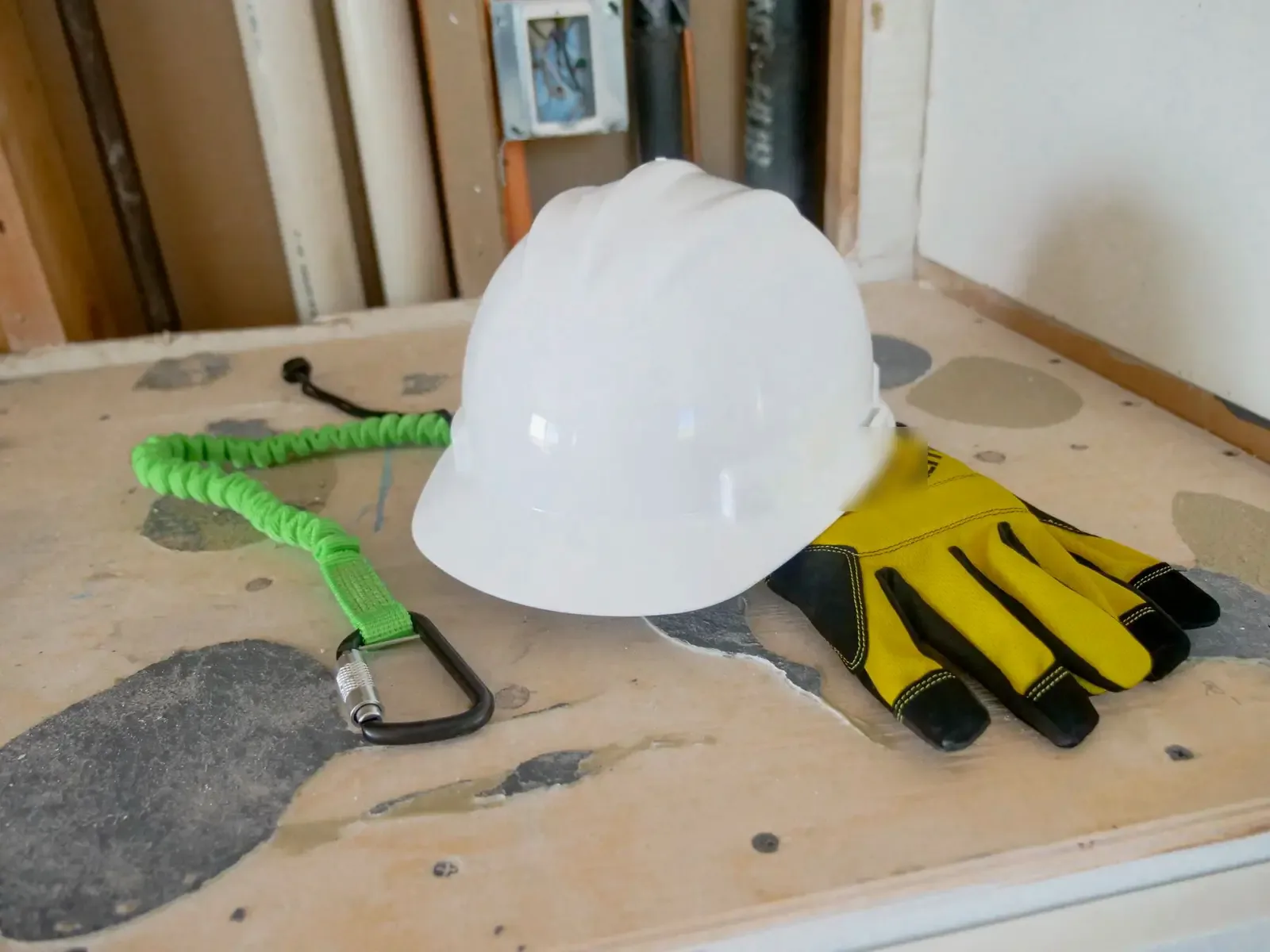 Hard hat, gloves and lanyard laid out