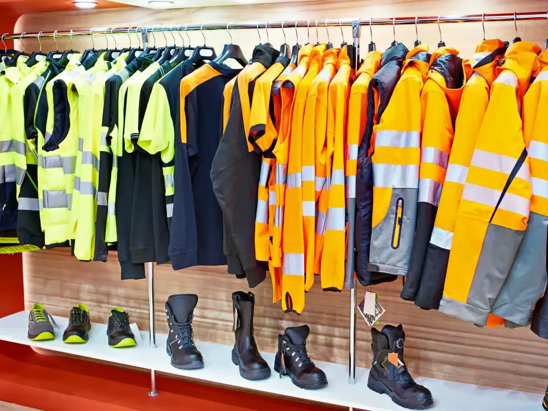 Rack of hi-vis jackets above work boots on display at HTG Group