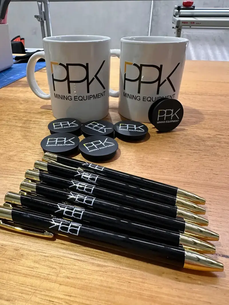 Branded mugs and pens