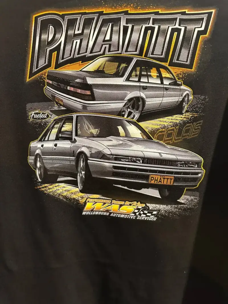 Black tee with a full-colour printed car graphic
