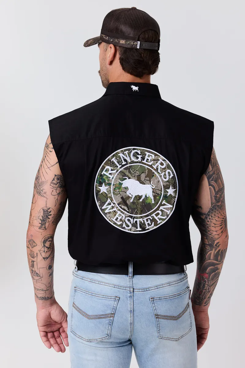 Man in a black sleeveless shirt with a large Ringers Western camo crest on the back
