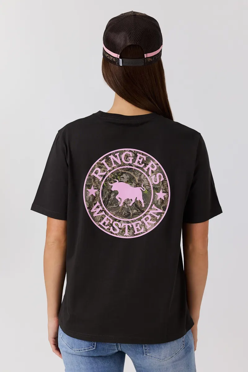 Black tee from behind with a large pink and camo Ringers Western crest on the back