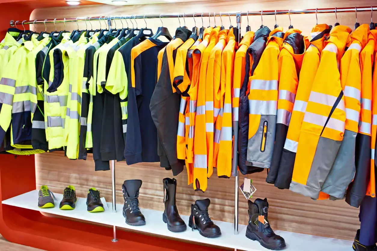 Rack of hi-vis jackets and work boots in the HTG Group showroom